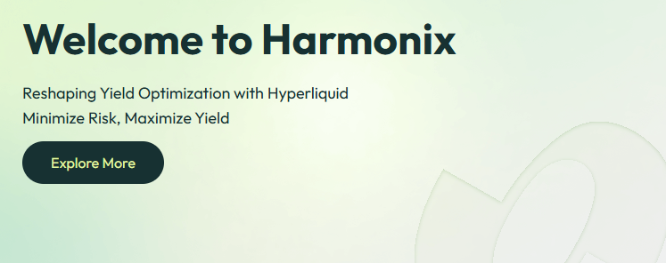 Harmonixのウェルカムメッセージとキャッチフレーズを含むデザイン。背景は淡い色合いで、'Explore More'ボタンが中央に配置されています。